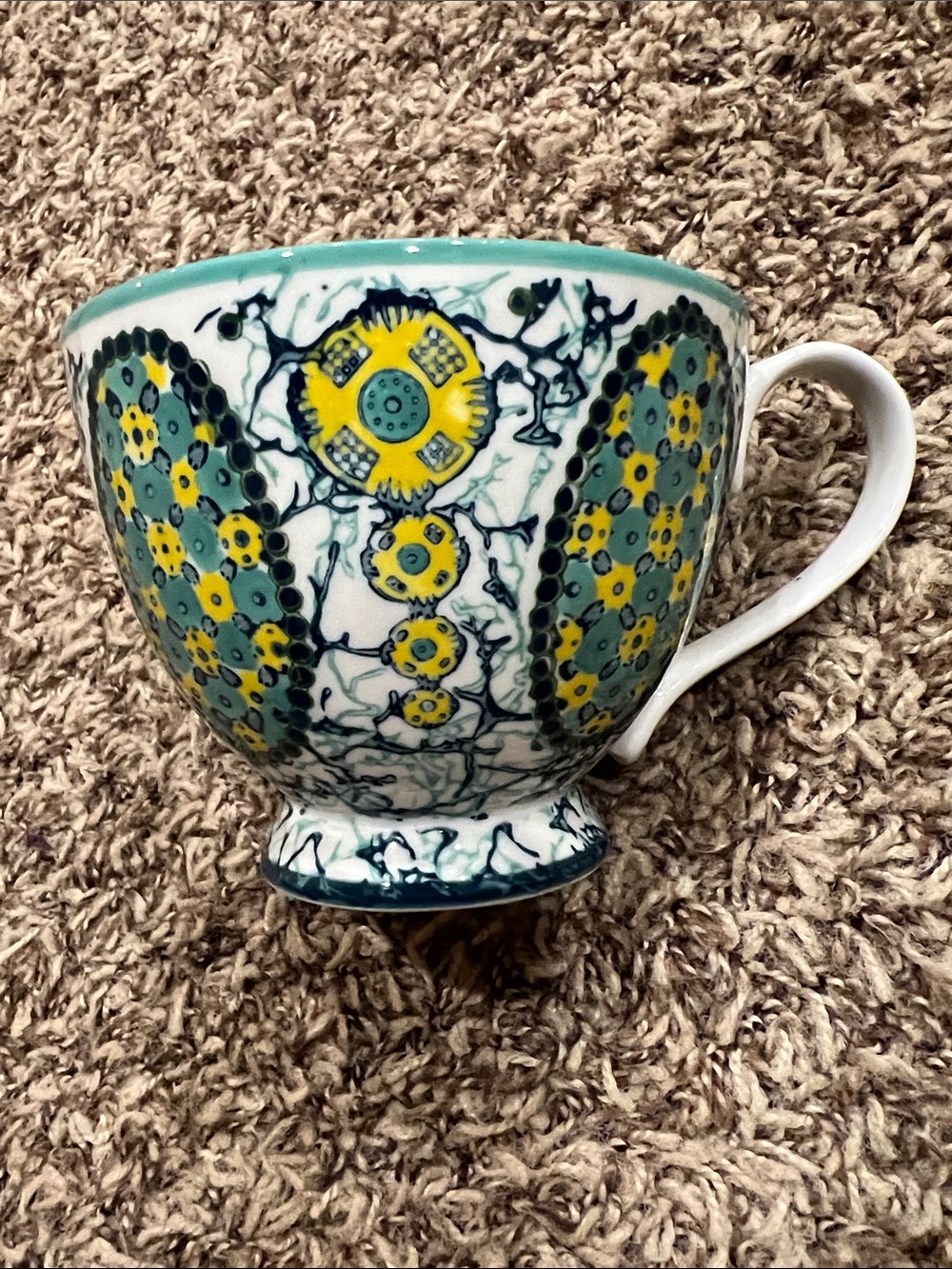 Anthropologie Ceramic Teacup with Yellow and Teal Floral Pattern